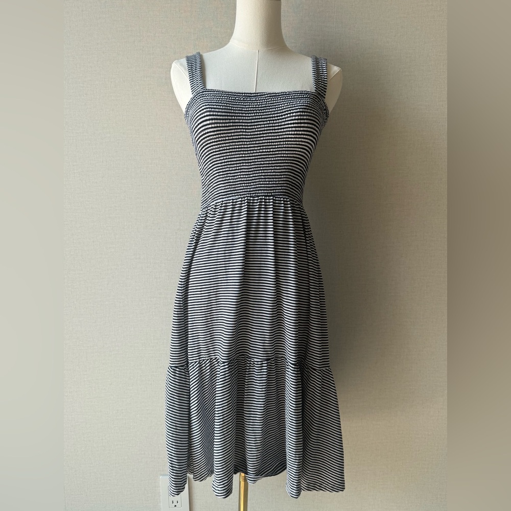 Duffield Lane Black and White Striped Smocked Midi Dress